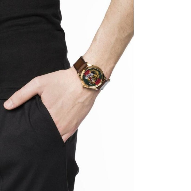 Gucci Le Marche Des Merveilles Red & Green Dial Brown Leather Strap Unisex Watch - YA126497