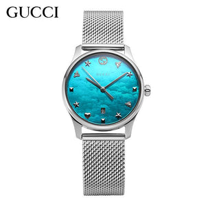 Gucci G-Timeless Turquoise Mother of Pearl Dial Silver Mesh Bracelet Watch For Women - YA126582
