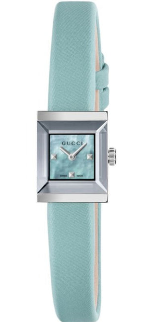 Gucci G-Frame Pastel Blue Mother of Pearl Dial Blue Leather Strap Watch For Women - YA128531