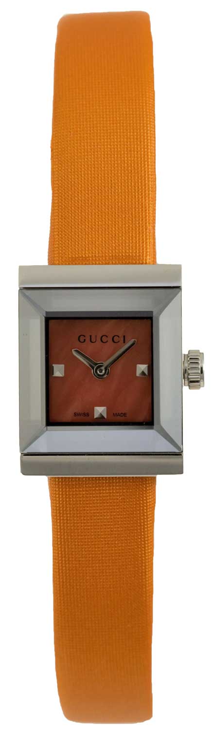 Gucci G-Frame Square Mother of Pearl Orange Dial Orange Leather Strap Watch For Women - YA128532