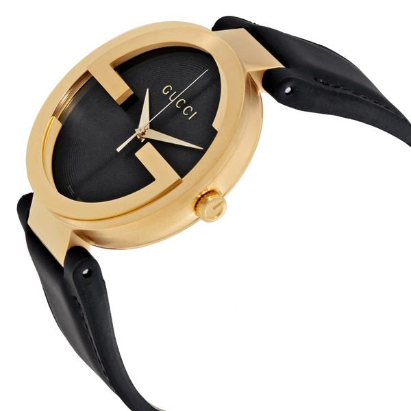 Gucci Interlocking G Gold Black Dial Black Leather Strap Unisex Watch - YA133326