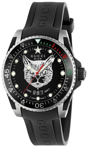 Gucci Dive Feline Black Dial Black Rubber Strap Watch For Men - YA136323