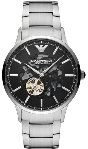 Emporio Armani Meccanico Automatic Black Dial Silver Steel Strap Watch For Men - AR60055