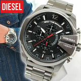 Diesel Mega Chief Chronograph Black Dial Silver Steel Strap Watch For Men - DZ4308