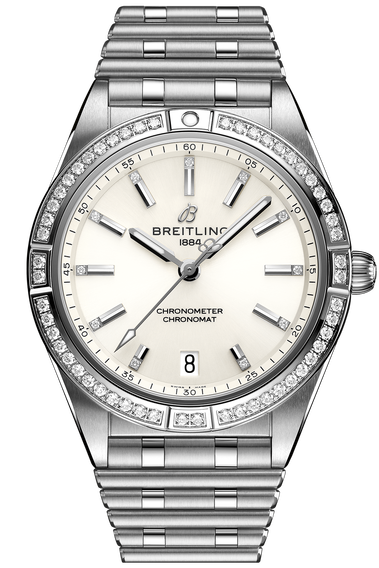 Breitling Chronomat Automatic 36 Diamonds White Dial Silver Steel Strap Watch for Women - A10380591A1A1
