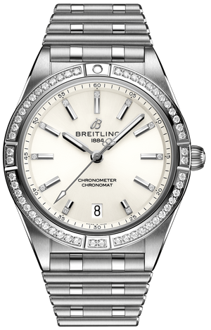 Breitling Chronomat Automatic 36 Diamonds White Dial Silver Steel Strap Watch for Women - A10380591A1A1