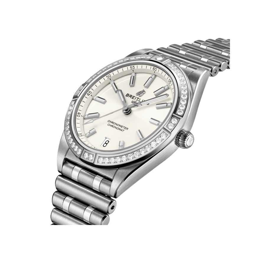 Breitling Chronomat Automatic 36 Diamonds White Dial Silver Steel Strap Watch for Women - A10380591A1A1