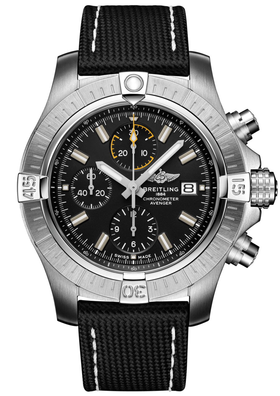 Breitling Avenger Chronograph 45mm Black Dial Black Leather Strap Watch for Men - A13317101B1X1