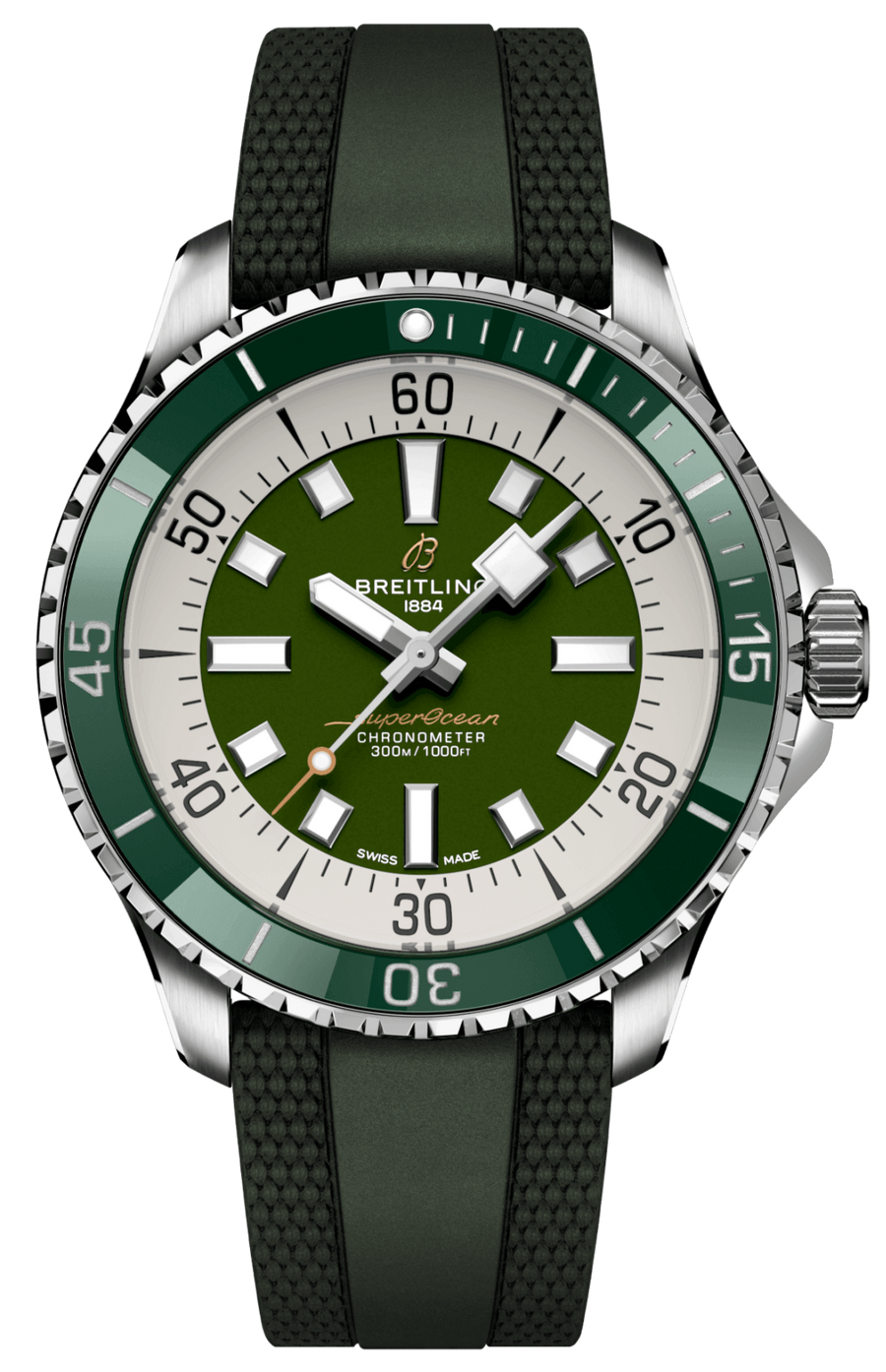 Breitling Superocean Automatic 44 Green Dial Green Rubber Strap Watch for Men - A17376A31L1S1