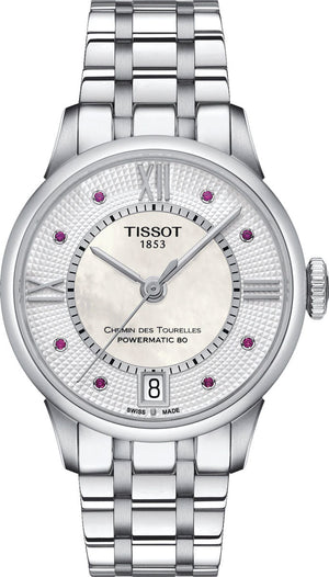 Tissot Chemin Des Tourelles Powermatic 80 Rubies Mother of Pearl Dial Silver Steel Strap Watch For Women - T099.207.11.113.00