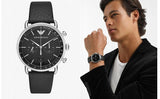 Emporio Armani Aviator Chronograph Black Dial Black Leather Strap Watch For Men - AR11143