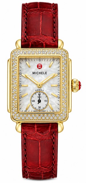 Michele Deco Gold Dial Red Leather Strap Watch For Women - MWW06V000017