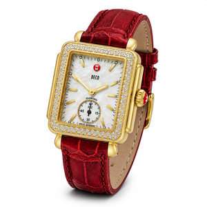 Michele Deco Gold Dial Red Leather Strap Watch For Women - MWW06V000017