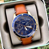 Fossil Grant Sport Chronograph Blue Dial Brown Leather Strap Watch for Men - FS5268