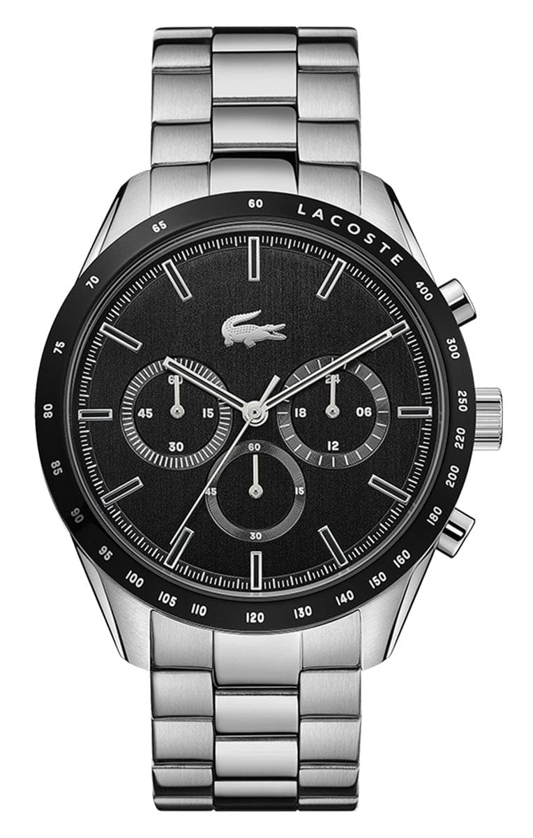 Lacoste Boston Chronograph Black Dial Silver Steel Strap Watch for Men - 2011079