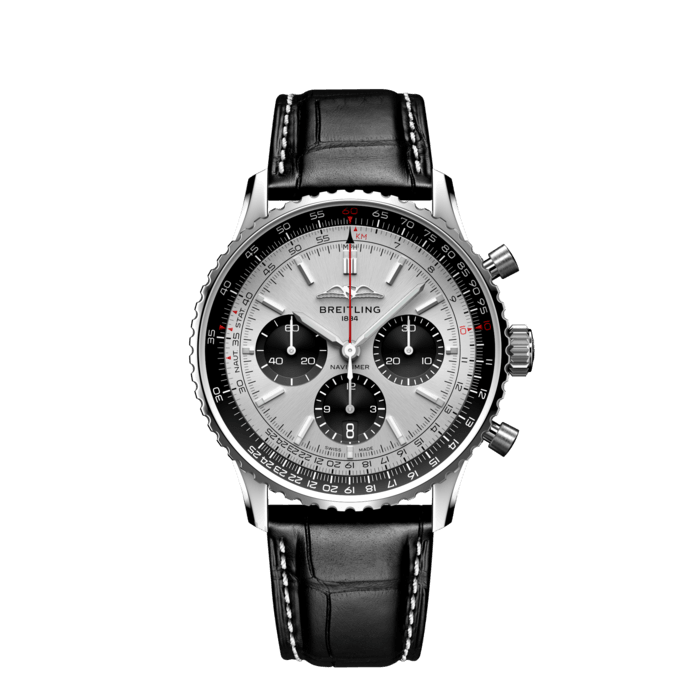 Breitling Navitimer B01 Chronograph 43 Silver Dial Black Leather Strap Watch for Men - AB0138241G1P1