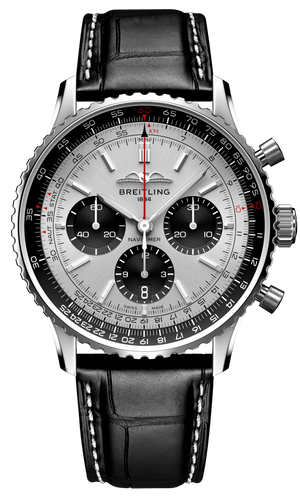 Breitling Navitimer B01 Chronograph 43 Silver Dial Black Leather Strap Watch for Men - AB0138241G1P1