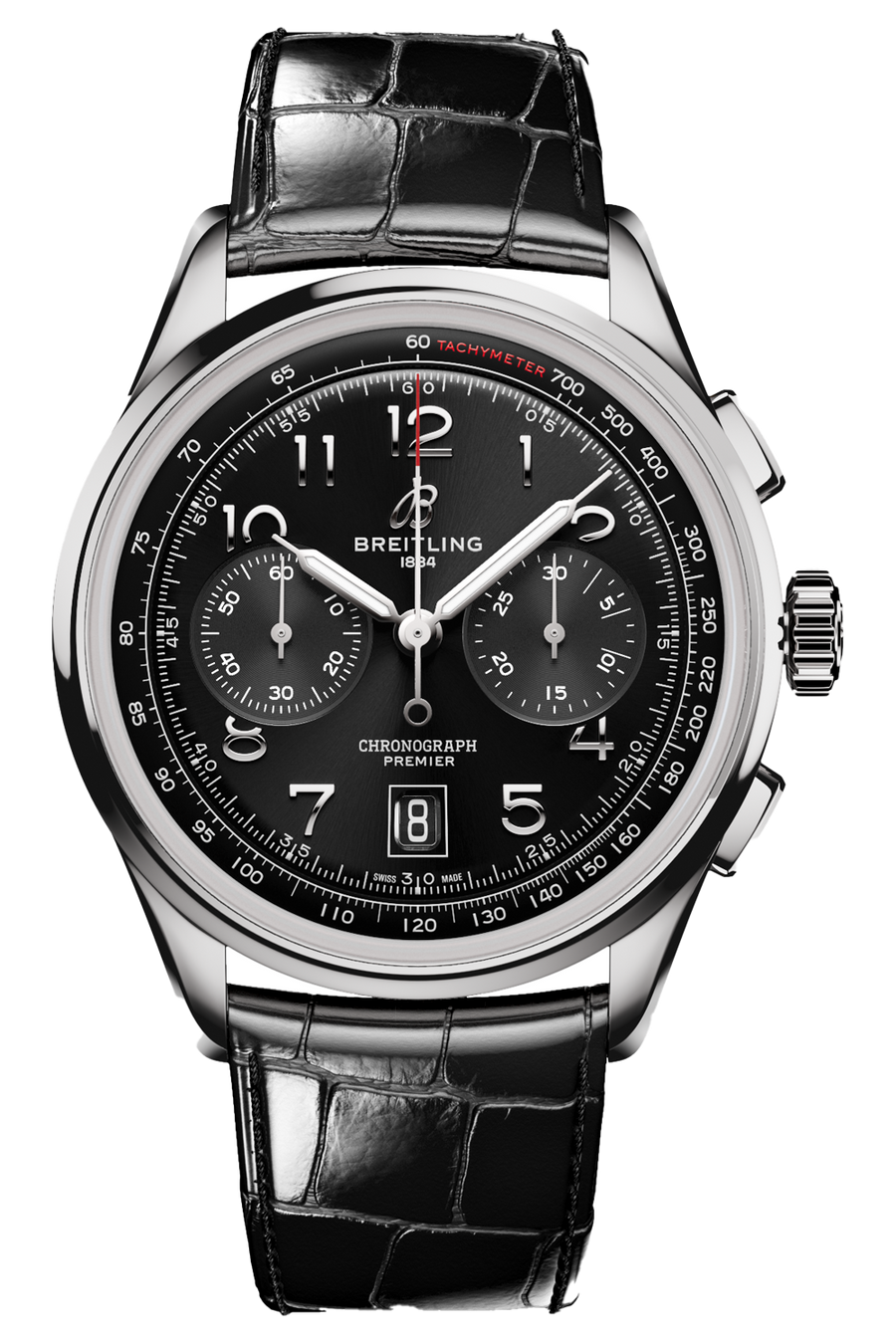 Breitling Premier B01 Chronograph 42 Black Dial Black Leather Strap Watch for Men - AB0145221B1P1