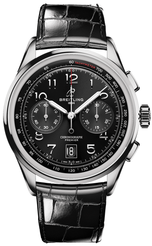 Breitling Premier B01 Chronograph 42 Black Dial Black Leather Strap Watch for Men - AB0145221B1P1