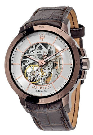 Maserati Ingegno Automatic White Skeleton Dial Brown Leather Strap Watch For Men - R8821119003