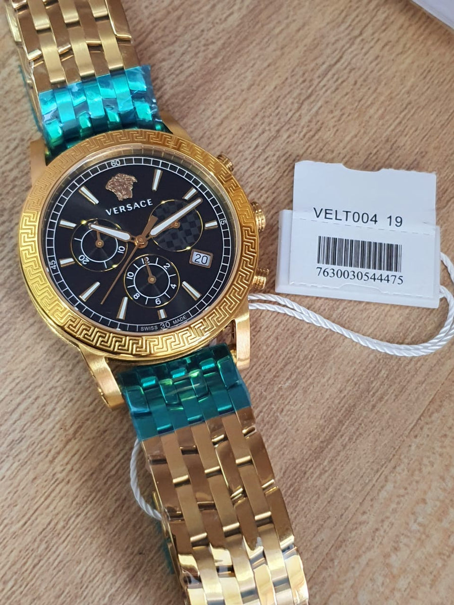 Versace Sport Tech Chronograph Black Dial Gold Steel Strap Watch for Men - VELT00419