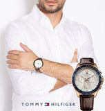 Tommy Hilfiger Luke Quartz White Dial Brown Leather Strap Watch for Men - 1791118