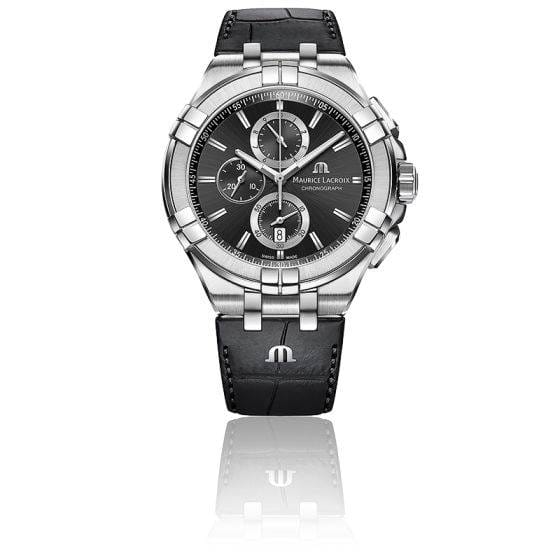 Maurice Lacroix Aikon Chronograph Black Dial Black Leather Strap Watch for Men - AI1018-SS001-330-1