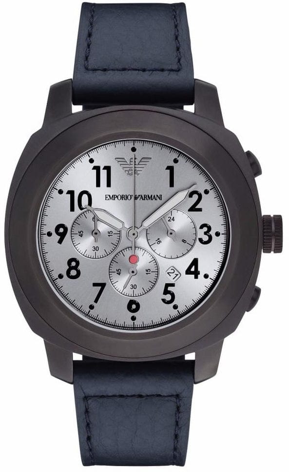 Emporio Armani Sportivo Chronograph Silver Dial Blue Leather Strap Watch for Men - AR6086