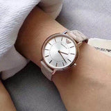 Emporio Armani Gianni T Bar Quartz Silver Dial Beige Leather Strap Watch For Women - AR80007