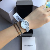 Emporio Armani Gianni T-Bar Mother Of Pearl White Dial Grey Leather Strap Watch For Women - AR11039