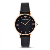 Emporio Armani Gianni T Bar Black Mother of Pearl Dial Black Leather Strap Watch For Women - AR11060