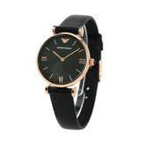 Emporio Armani Gianni T Bar Black Mother of Pearl Dial Black Leather Strap Watch For Women - AR11060