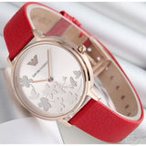 Emporio Armani Kappa Classic Quartz Silver Dial Red Leather Strap Watch For Women - AR11114