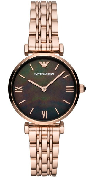 Emporio Armani Gianni T-Bar Black Dial Rose Gold Strap Watch For Women - AR11145