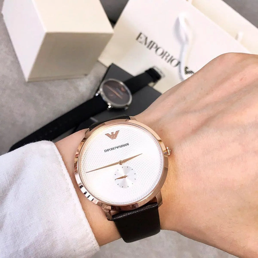 Emporio Armani Modern Slim Analog Silver Dial Brown Leather Strap Watch For Men - AR11163