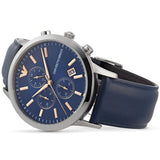 Emporio Armani Renato Chronograph Blue Dial Black Leather Strap Watch For Men - AR11216