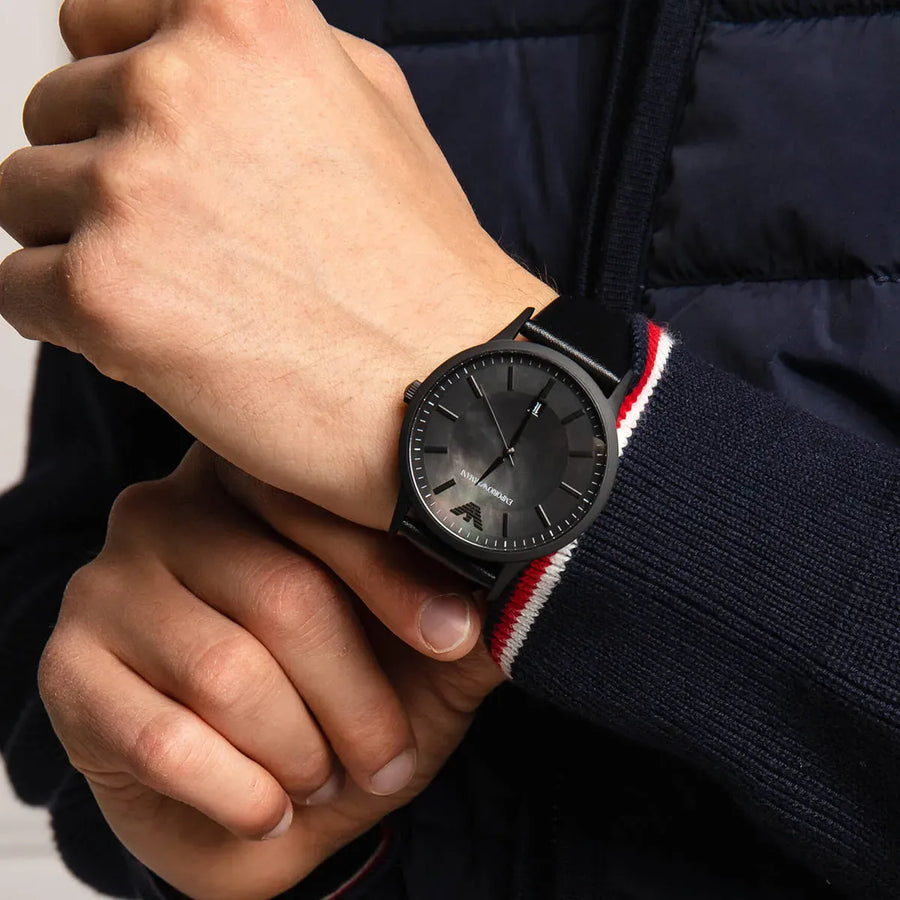 Emporio Armani Renato Black Dial Black Leather Strap Watch for Men - AR11276