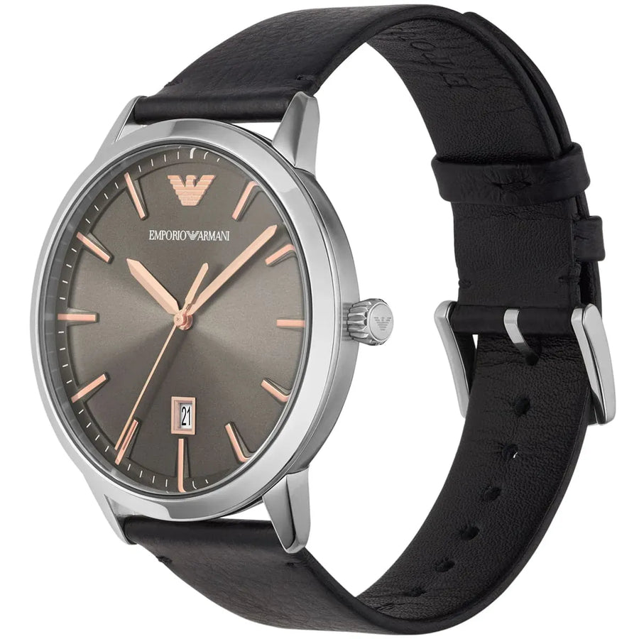 Emporio Armani Ruggero Grey Dial Black Leather Strap Watch for Men  - AR11277