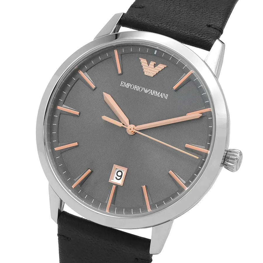 Emporio Armani Ruggero Grey Dial Black Leather Strap Watch for Men  - AR11277