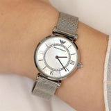 Emporio Armani Gianni T-Bar Quartz Mother of Pearl Dial Silver Mesh Bracelet Watch For Women - AR11319