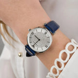 Emporio Armani Gianni T Bar Quartz Crystals Silver Dial Blue Leather Strap Watch For Women - AR11344