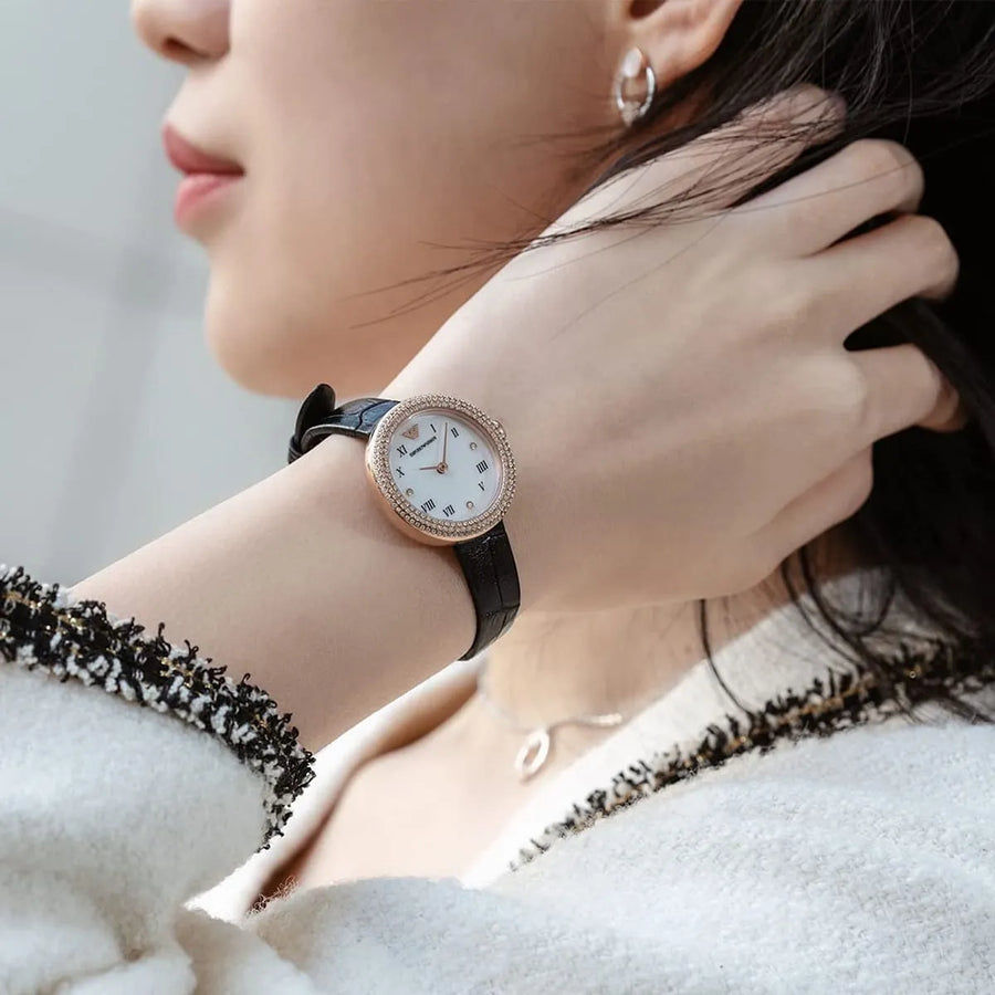 Emporio Armani Rosa Quartz Mother Of Pearl White Dial Black Leather Strap Watch For Women - AR11356