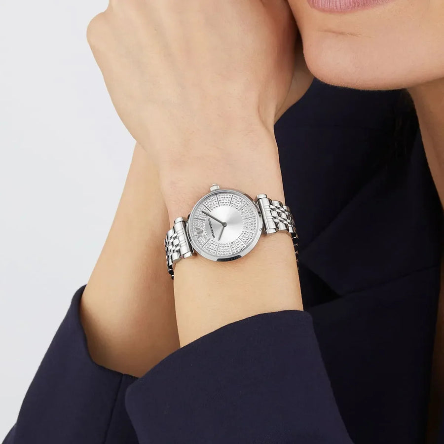 Emporio Armani Gianni T-Bar Quartz Silver Dial Silver Steel Strap Watch For Women - AR11445