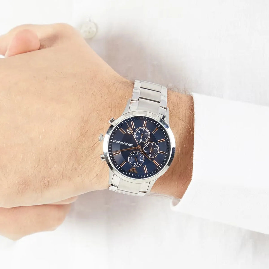 Emporio Armani Renato Chronograph Blue Dial Silver Steel Strap Watch For Men - AR11458