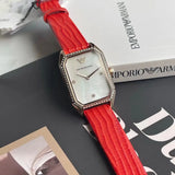 Emporio Armani Gianni T Bar Two-Hand Mother of Pearl Dial Red Leather Strap Watch For Women - AR11467