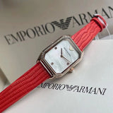 Emporio Armani Gianni T Bar Two-Hand Mother of Pearl Dial Red Leather Strap Watch For Women - AR11467