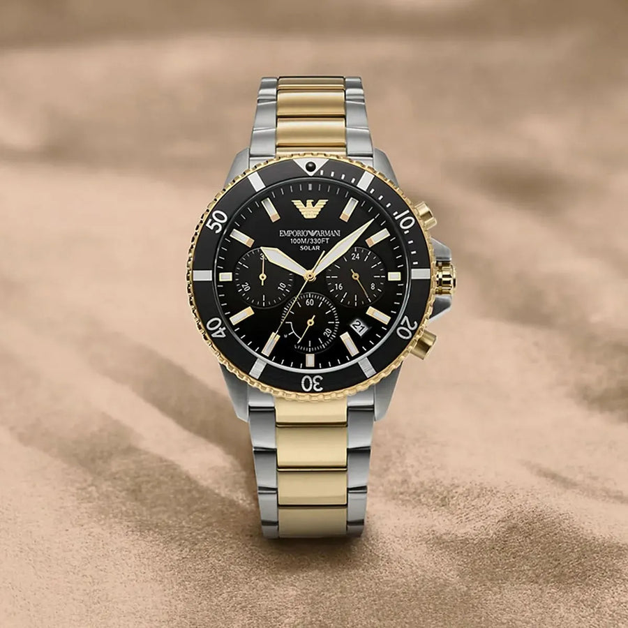 Emporio Armani World Explorer Solar Powered Chronograph Black Dial Two Tone Steel Strap Watch for Men - AR11680