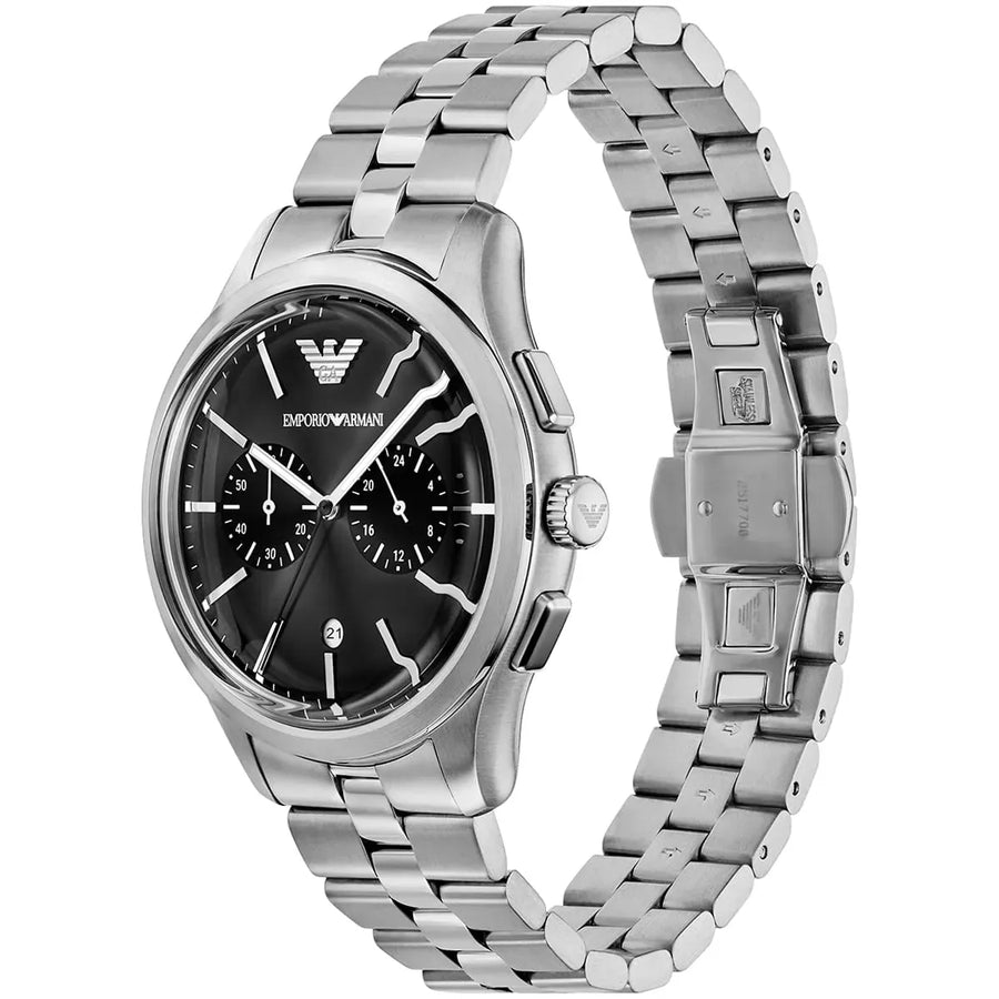 Emporio Armani Ruggero Chronograph Black Dial Silver Steel Strap Watch for Men - AR11691