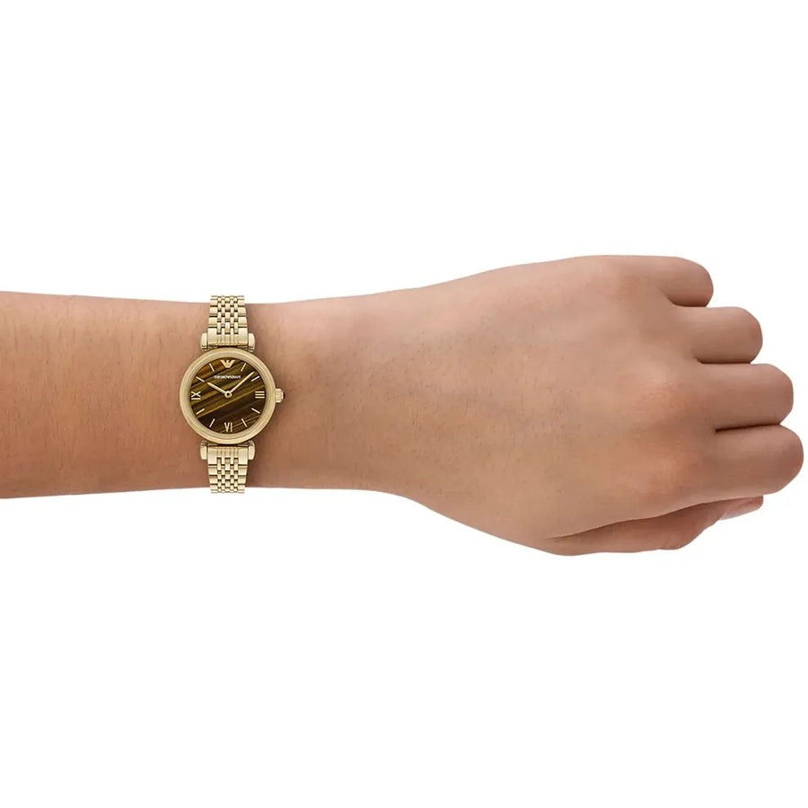 Emporio Armani Gianni T-Bar Brown Dial Gold Steel Strap Watch for Women - AR11703