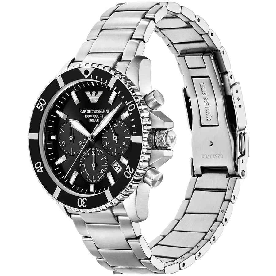 Emporio Armani World Explorer Black Dial Silver Steel Strap Watch for Men - AR11739